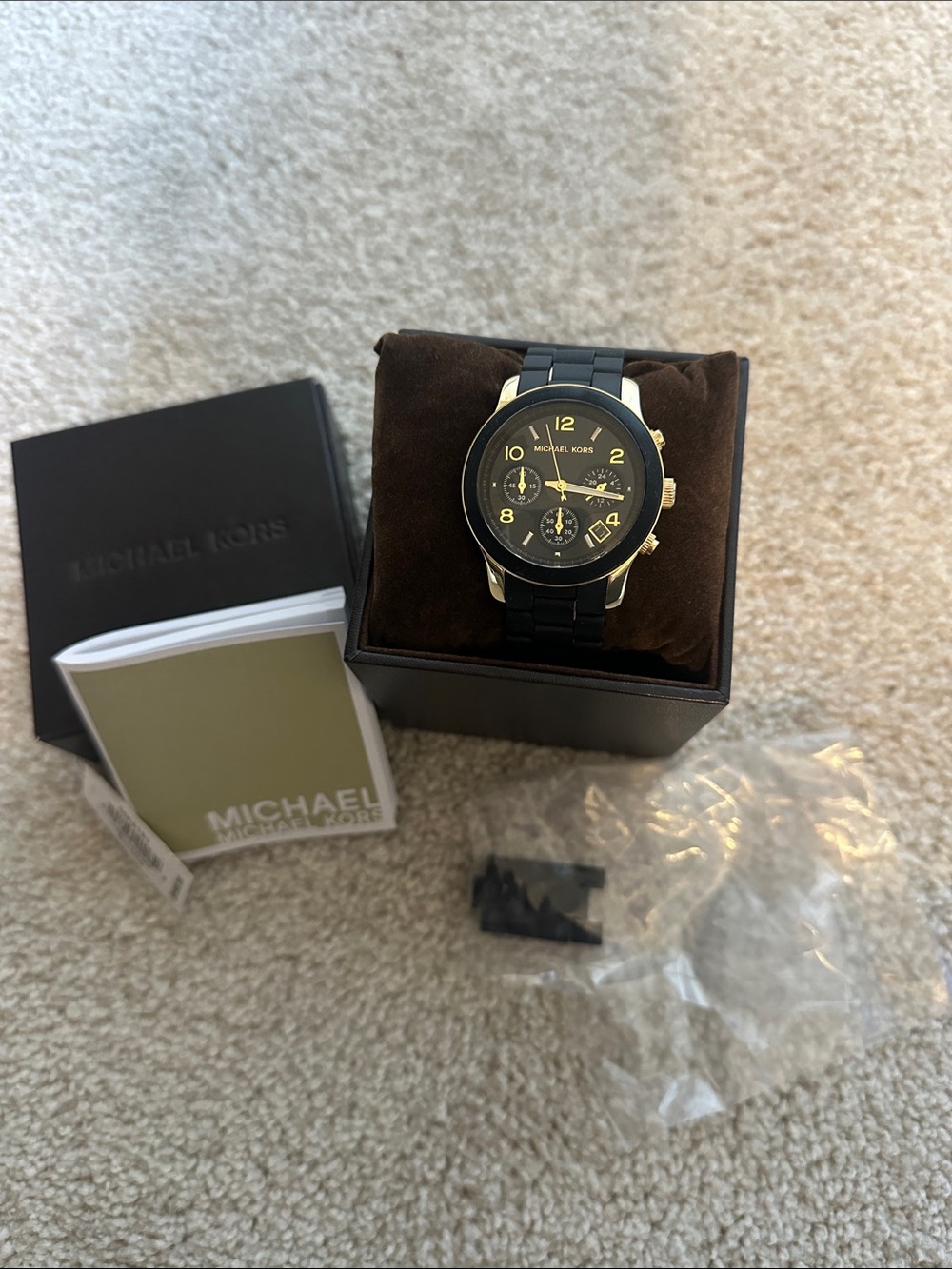 Michael Kors Matte Black and Gold Chronograph Watch (see Note in Description)